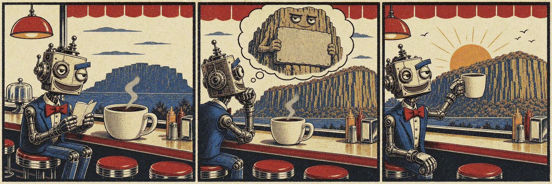 Three-panel wordless comic: a robot reads a tiny newspaper at a diner counter, gazes at the Palisades cliffs imagining them proudly holding up a posted stone tablet, then raises its coffee mug to the sunrise