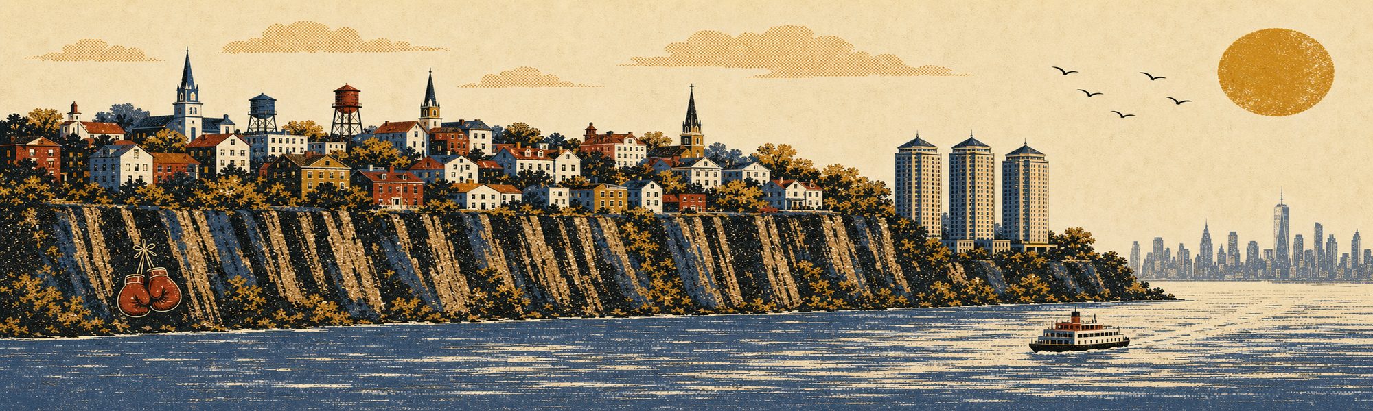 Panoramic risograph illustration of the five towns atop the Palisades cliffs, with the Hudson River, a ferry, and the Manhattan skyline