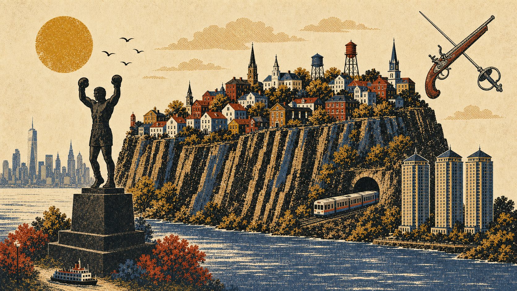 Illustration montage of the five towns on the Palisades: the Braddock statue, columnar cliffs, a light-rail train, the Galaxy Towers, and crossed dueling pistols