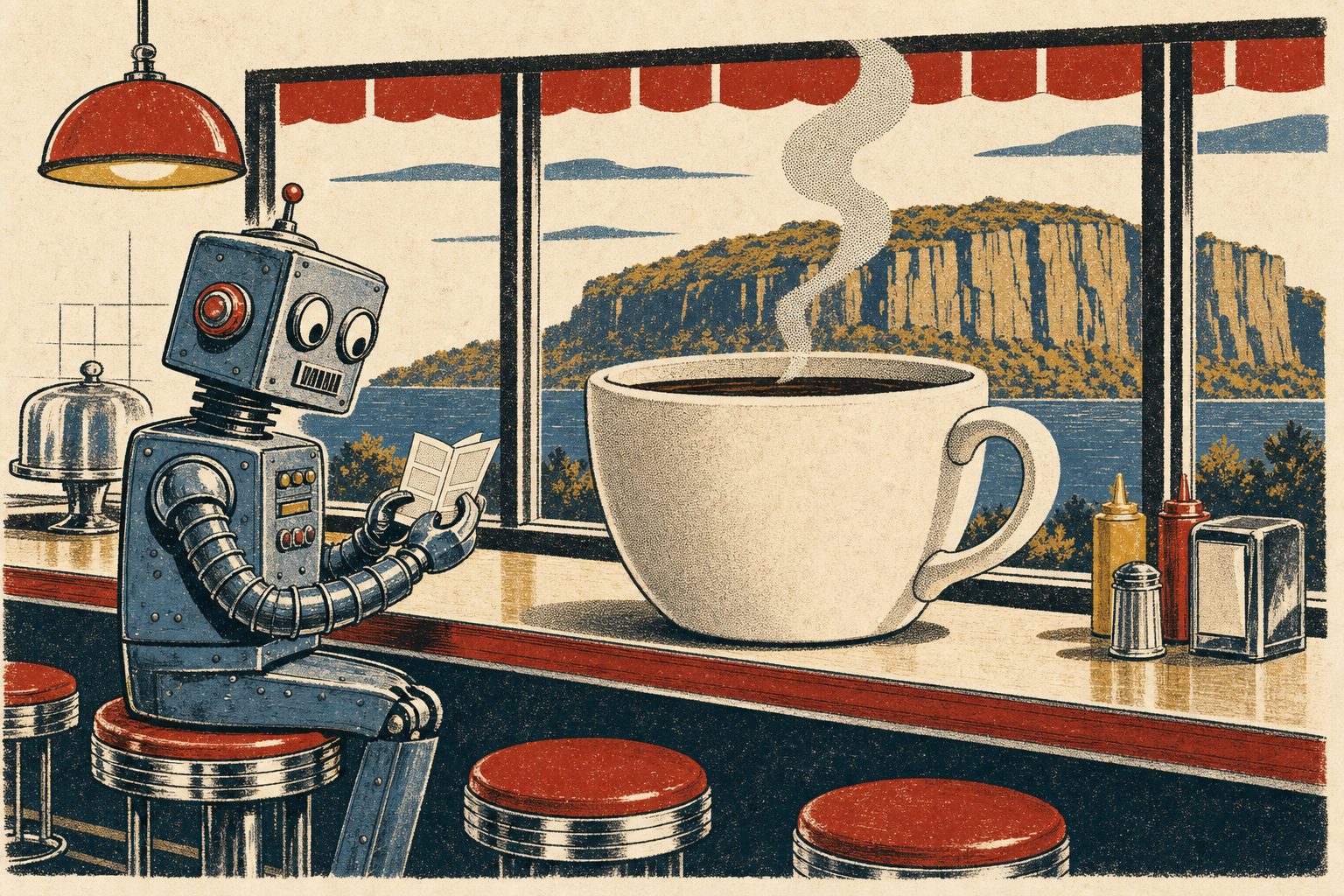 A robot at a diner counter with coffee, reading a tiny newspaper, the Palisades out the window